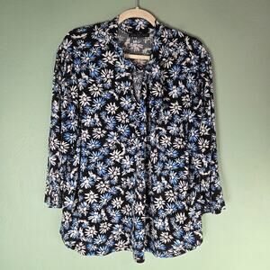 Adrienne Vittadini Womens Blouse Sz 3X Black Allover Blue Floral Print Tie Neck